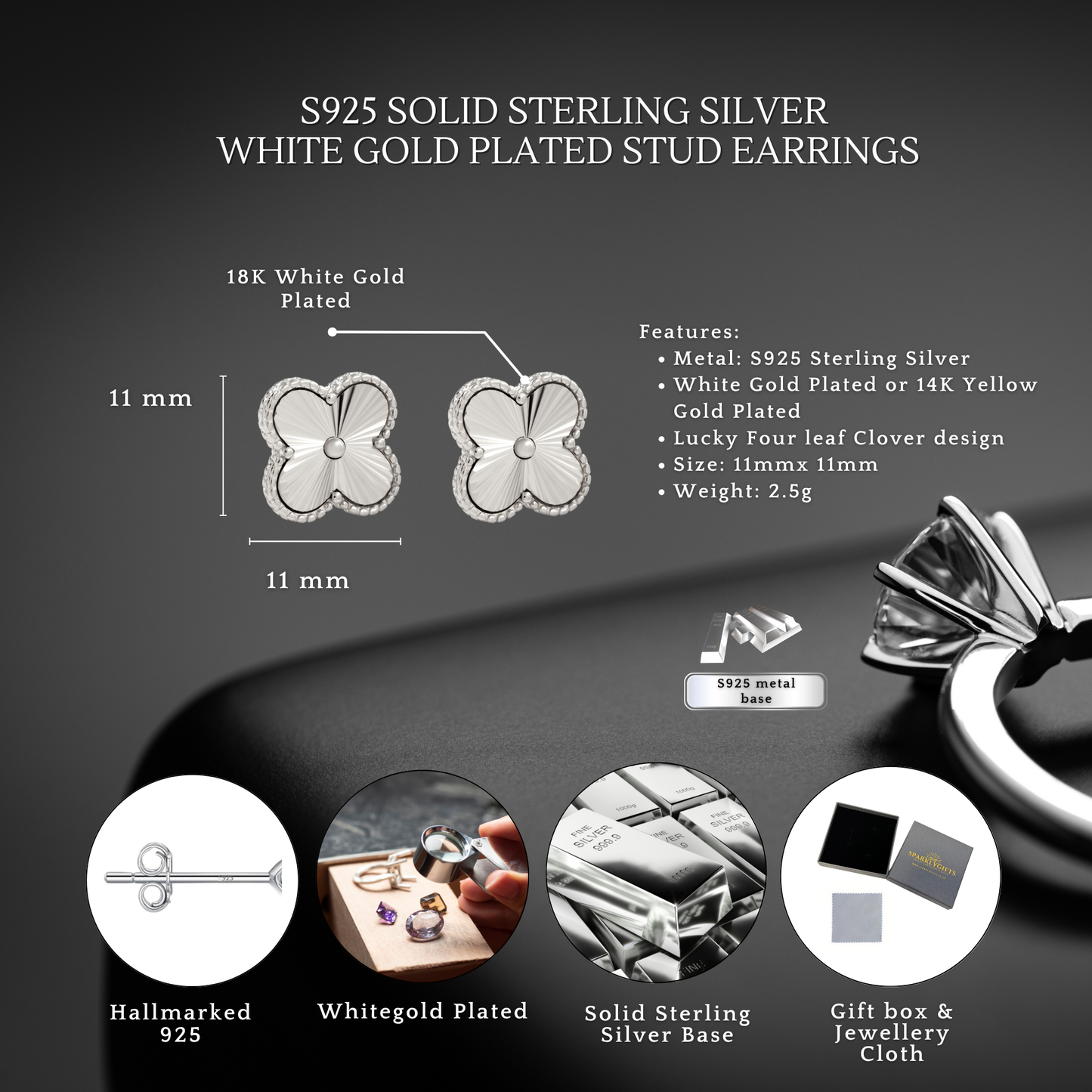 S925 Sterling Silver Clover Four Leaf Earrings White Gold 14K Yellow Gold Plated