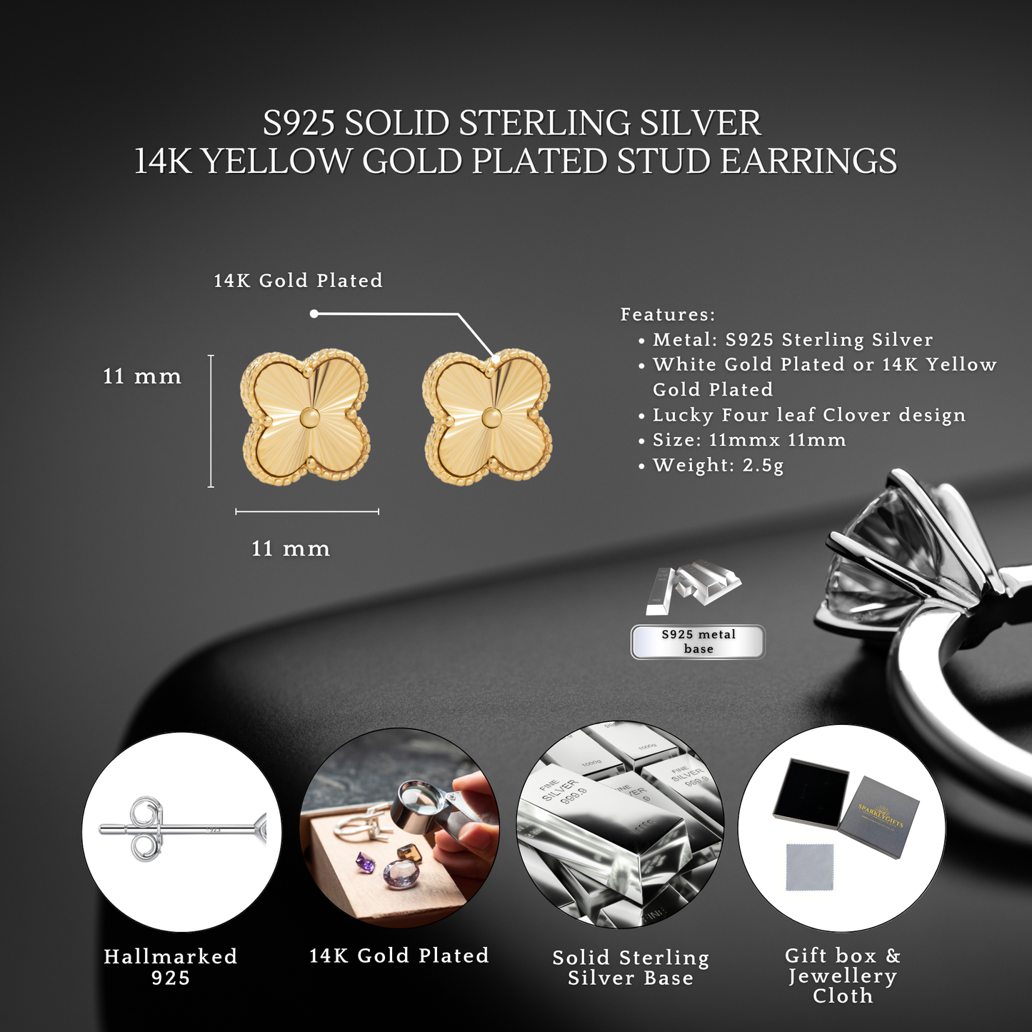 S925 Sterling Silver Clover Four Leaf Earrings White Gold 14K Yellow Gold Plated