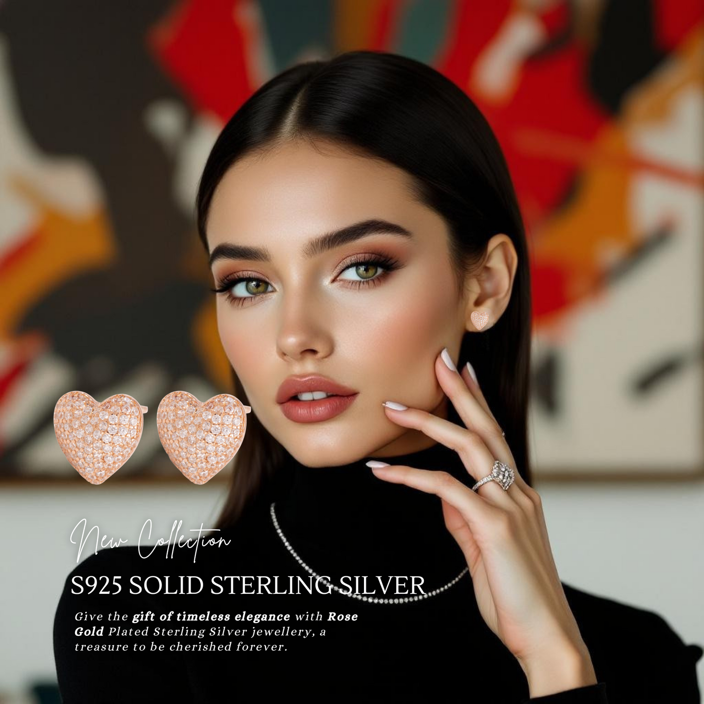 S925 Sterling Silver Pave Heart Rose Gold Plated C/Z Stud Earrings