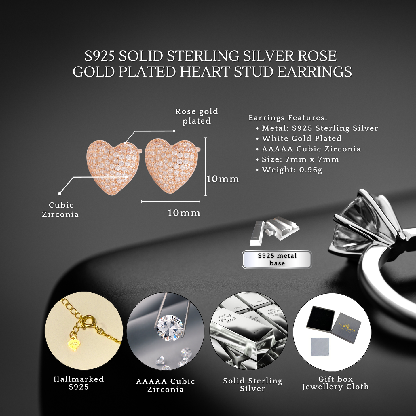 S925 Sterling Silver Pave Heart Rose Gold Plated C/Z Stud Earrings