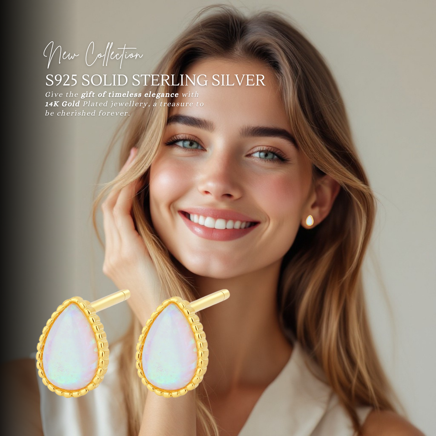 Sterling Silver Opal Teardrop 14K Gold Plated Stud Earrings S925 Hallmark