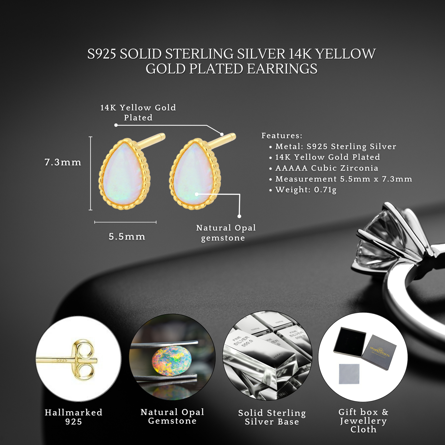Sterling Silver Opal Teardrop 14K Gold Plated Stud Earrings S925 Hallmark