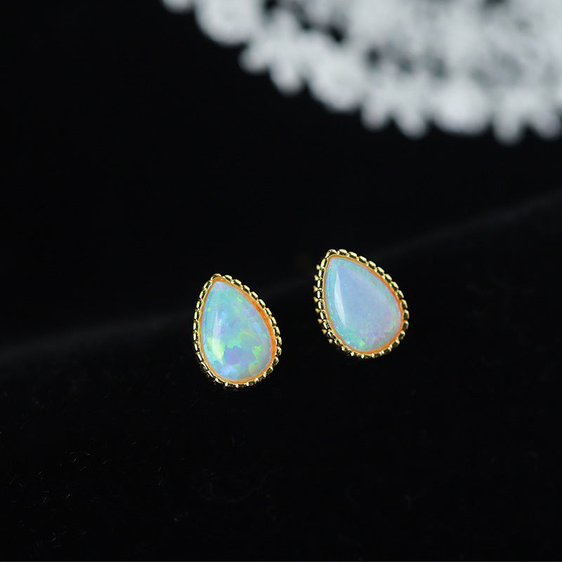 Sterling Silver Opal Teardrop 14K Gold Plated Stud Earrings S925 Hallmark