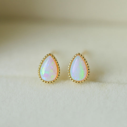 Sterling Silver Opal Teardrop 14K Gold Plated Stud Earrings S925 Hallmark