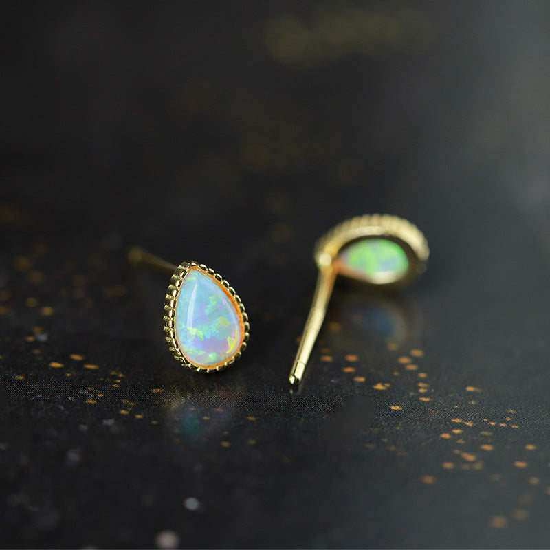 Sterling Silver Opal Teardrop 14K Gold Plated Stud Earrings S925 Hallmark