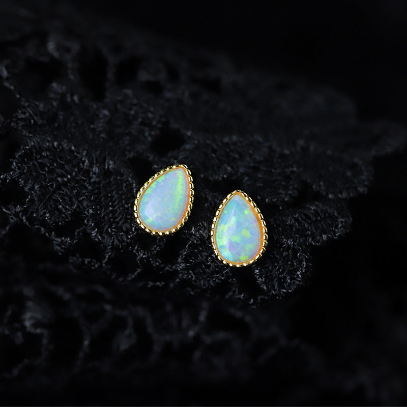 Sterling Silver Opal Teardrop 14K Gold Plated Stud Earrings S925 Hallmark