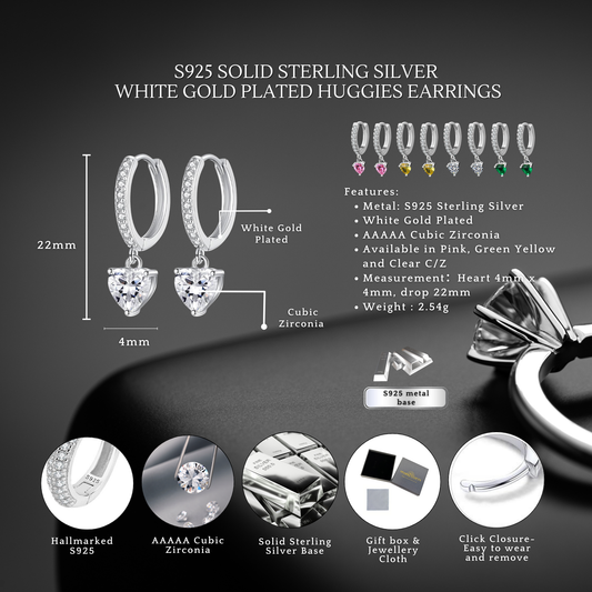 Sterling Silver Heart Drop Huggie Earrings