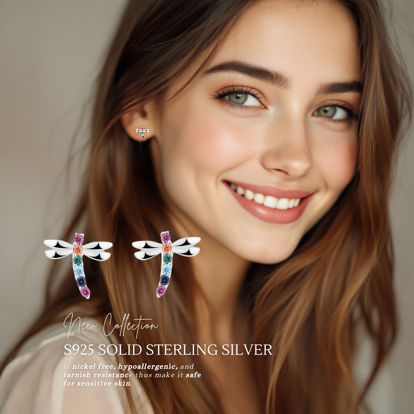 Sterling Silver Rainbow Dragonfly Colourful C/Z Stud Earrings