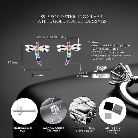 Sterling Silver Rainbow Dragonfly Colourful C/Z Stud Earrings