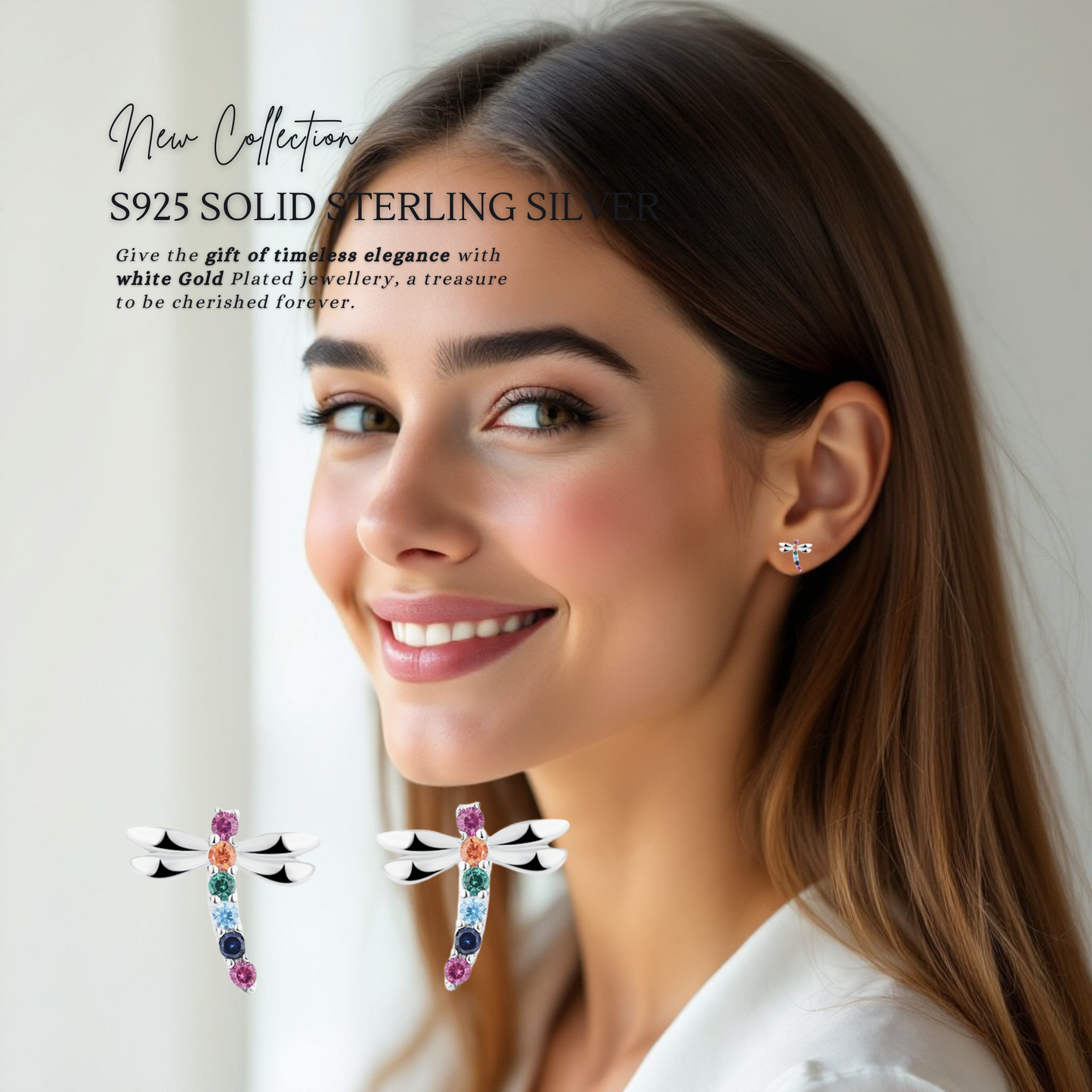 Sterling Silver Rainbow Dragonfly Colourful C/Z Stud Earrings