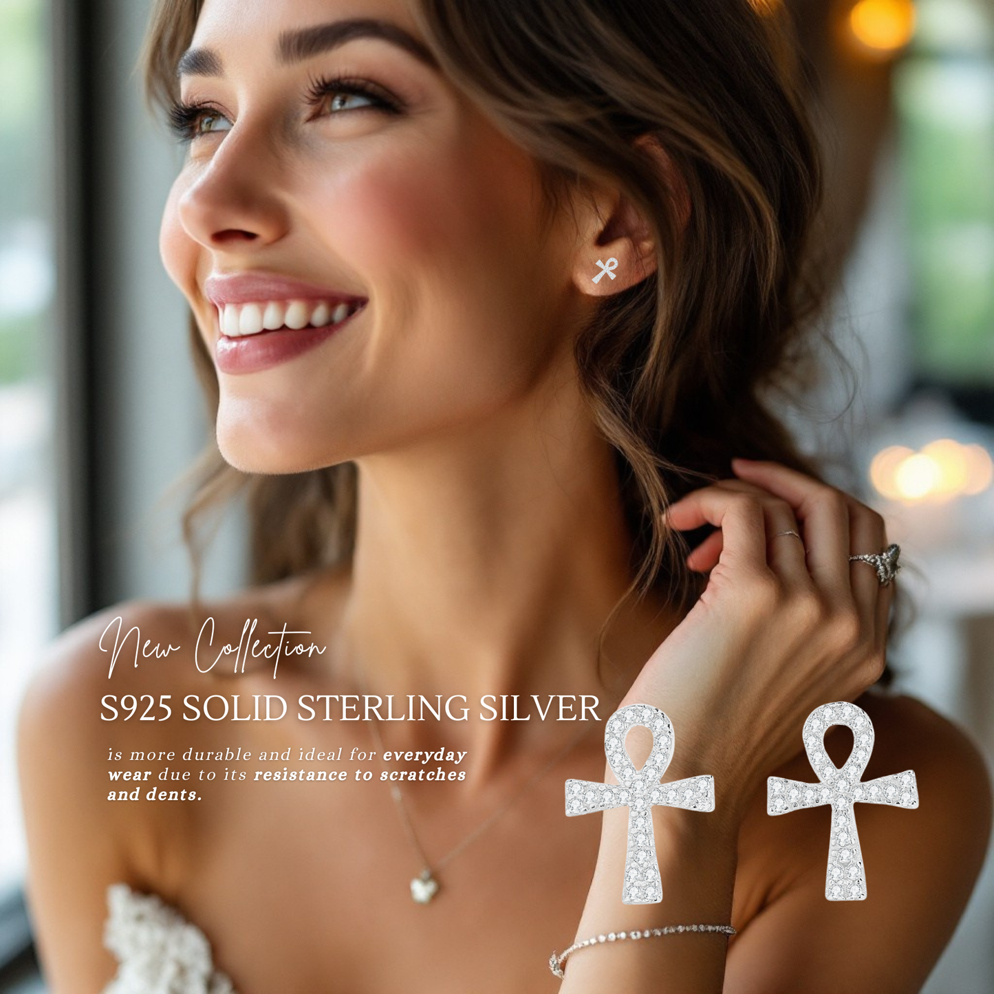 Sterling Silver Cross C/Z Bow Stud Earrings S925 Hallmark