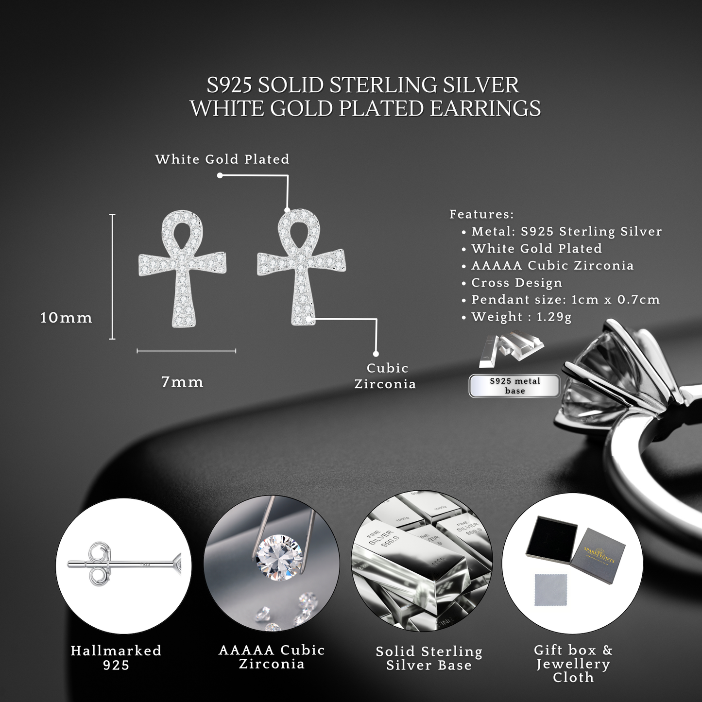Sterling Silver Cross C/Z Bow Stud Earrings S925 Hallmark