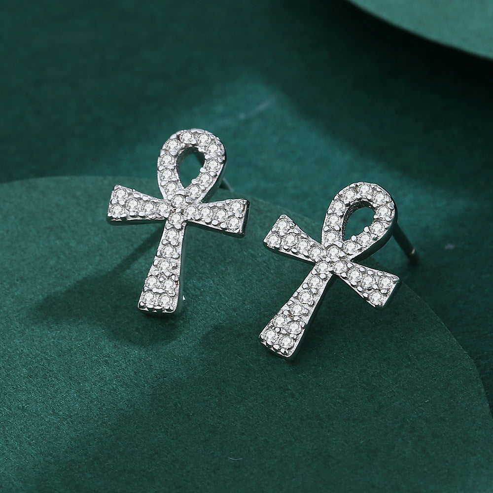 Sterling Silver Cross C/Z Bow Stud Earrings S925 Hallmark