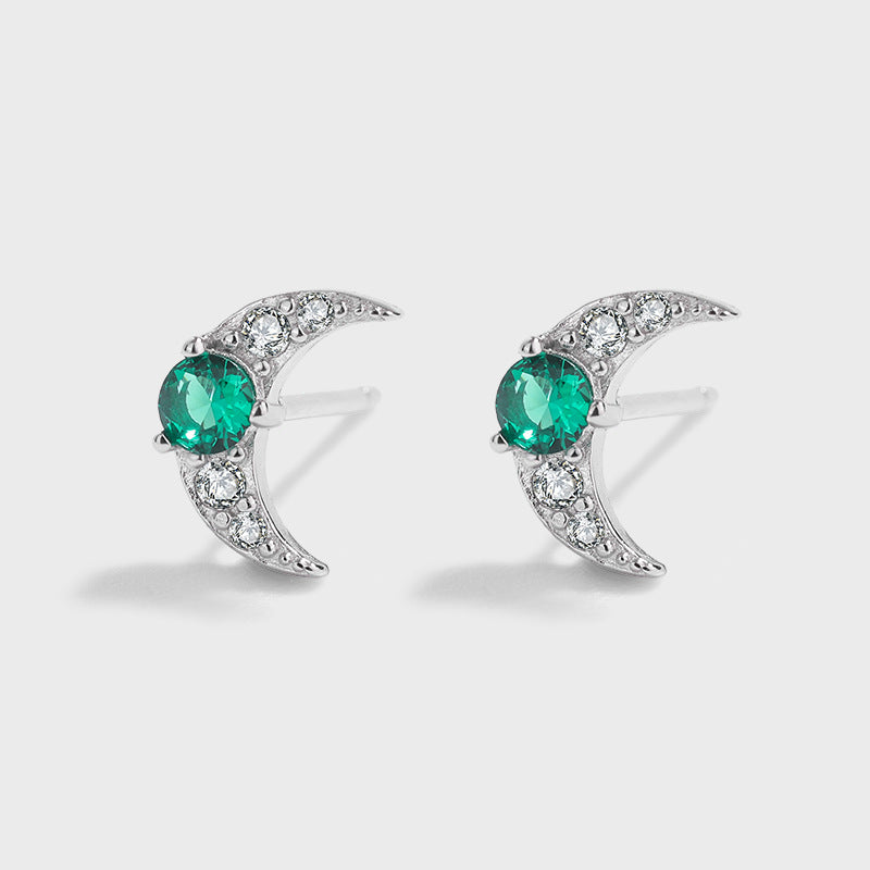 Sterling Silver Stud Earrings Emerald Cresent Moon S925 Hallmark