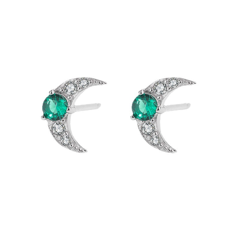 Sterling Silver Stud Earrings Emerald Cresent Moon S925 Hallmark