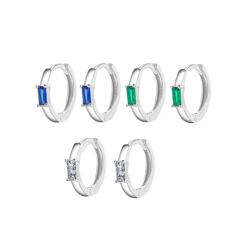 Sterling Silver Dainty Baguette Earrings Hoop Huggies Earrings Green Blue Clear C/Z