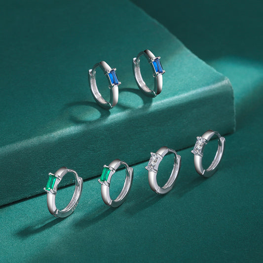Sterling Silver Dainty Baguette Earrings Hoop Huggies Earrings Green Blue Clear C/Z