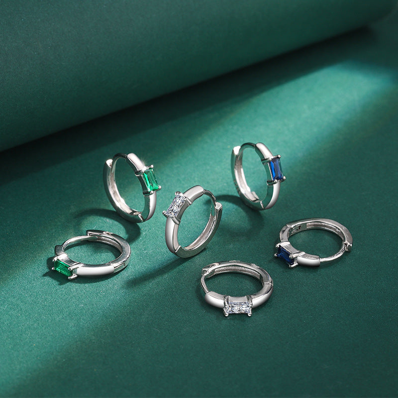 Sterling Silver Dainty Baguette Earrings Hoop Huggies Earrings Green Blue Clear C/Z