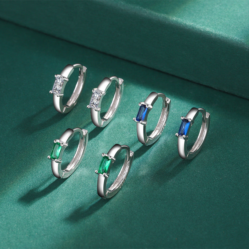 Sterling Silver Dainty Baguette Earrings Hoop Huggies Earrings Green Blue Clear C/Z