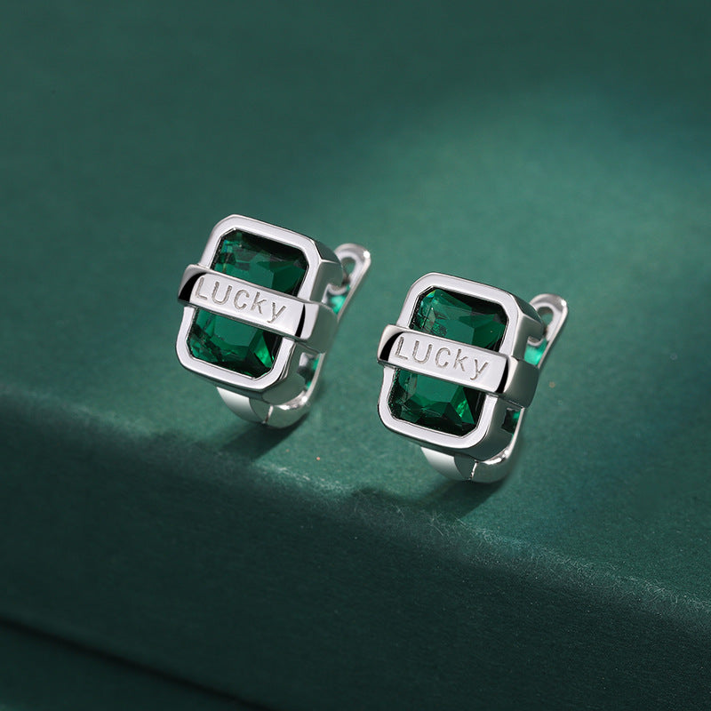 S925 Sterling Silver Lucky Emerald Huggies Earrings with Cubic Zirconia