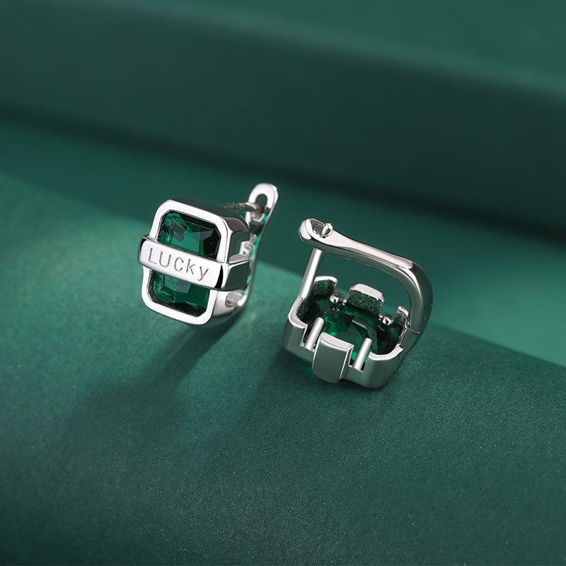 S925 Sterling Silver Lucky Emerald Huggies Earrings with Cubic Zirconia