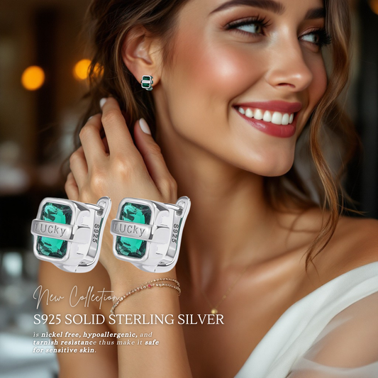 S925 Sterling Silver Lucky Emerald Huggies Earrings with Cubic Zirconia