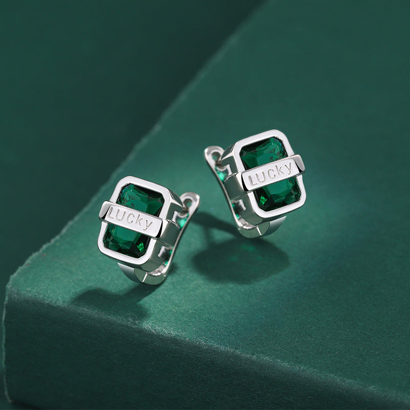 S925 Sterling Silver Lucky Emerald Huggies Earrings with Cubic Zirconia