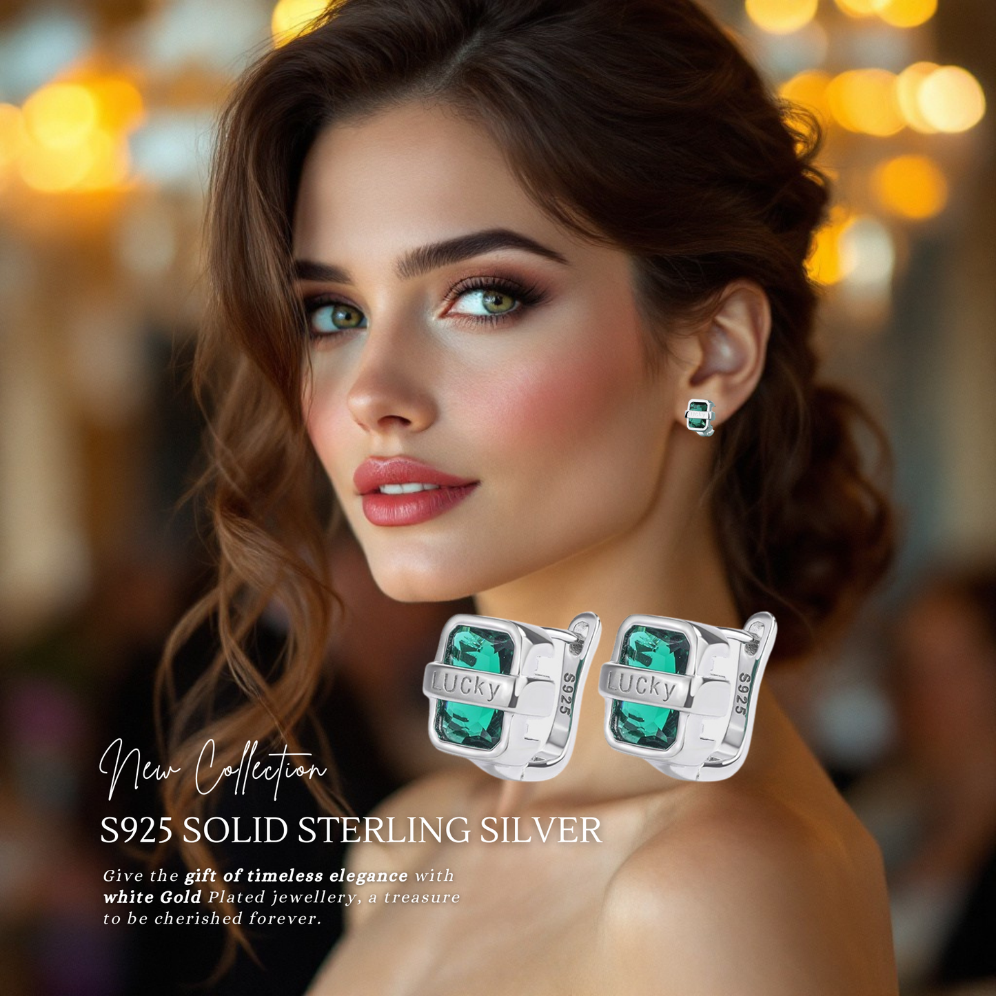 S925 Sterling Silver Lucky Emerald Huggies Earrings with Cubic Zirconia