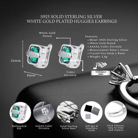 S925 Sterling Silver Lucky Emerald Huggies Earrings with Cubic Zirconia