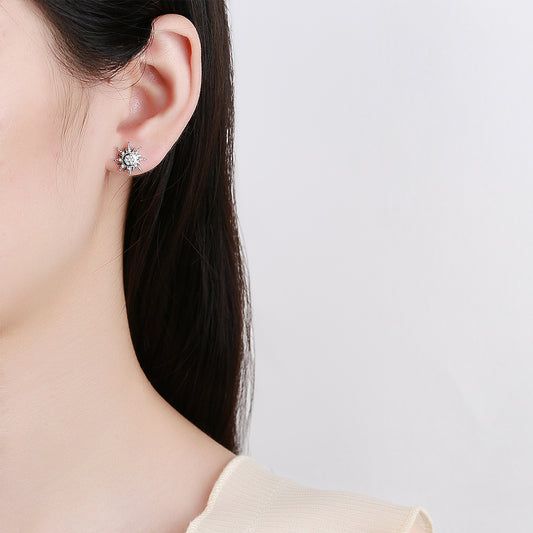 Sterling Silver Celestial Sun Stud Earrings with Cubic Zirconia