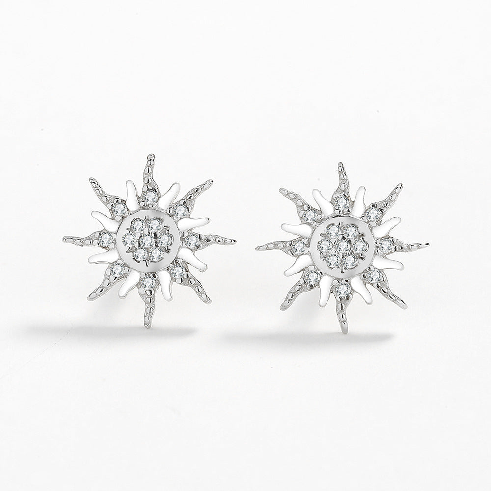 Sterling Silver Celestial Sun Stud Earrings with Cubic Zirconia