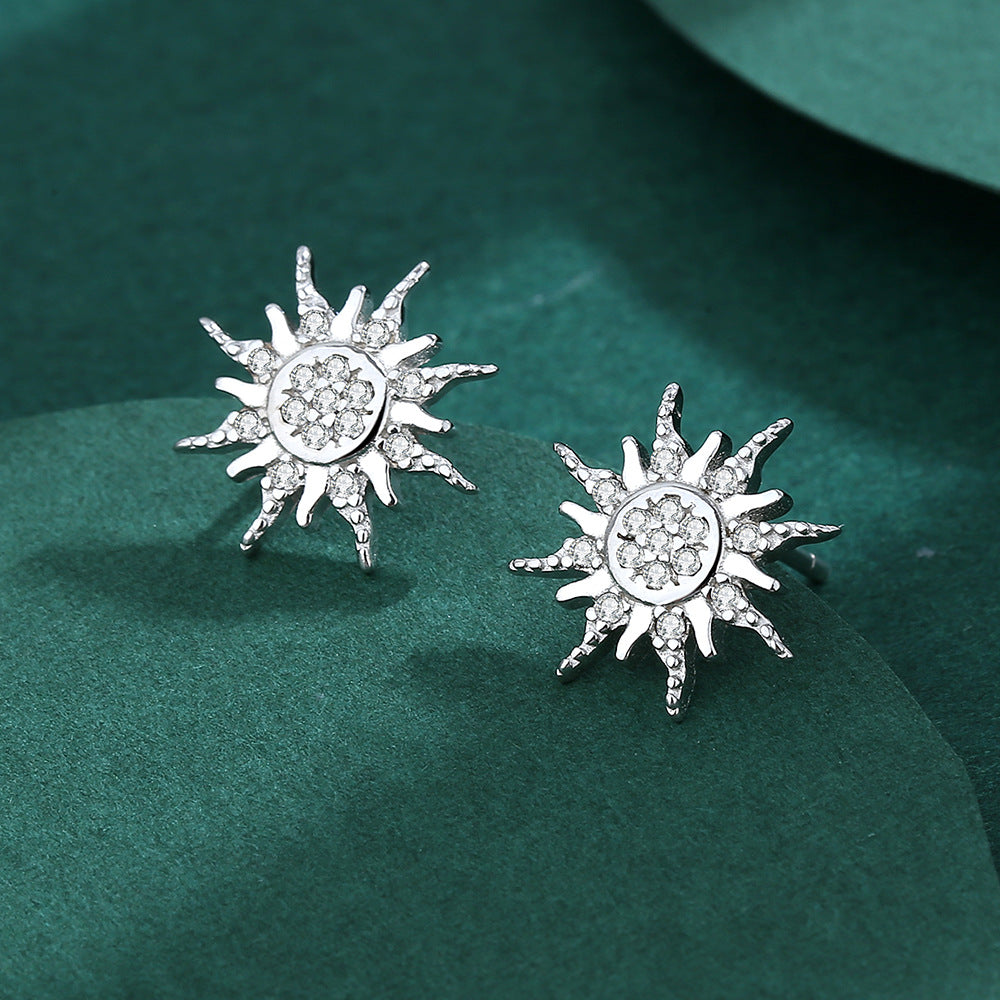 Sterling Silver Celestial Sun Stud Earrings with Cubic Zirconia