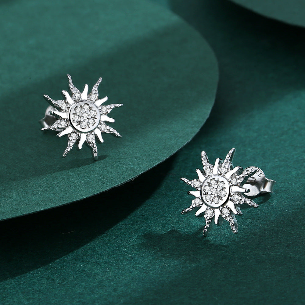 Sterling Silver Celestial Sun Stud Earrings with Cubic Zirconia