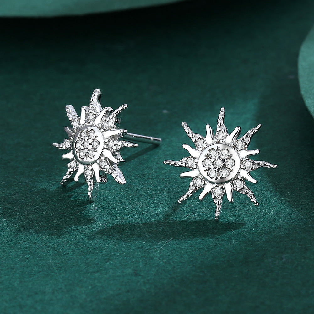 Sterling Silver Celestial Sun Stud Earrings with Cubic Zirconia