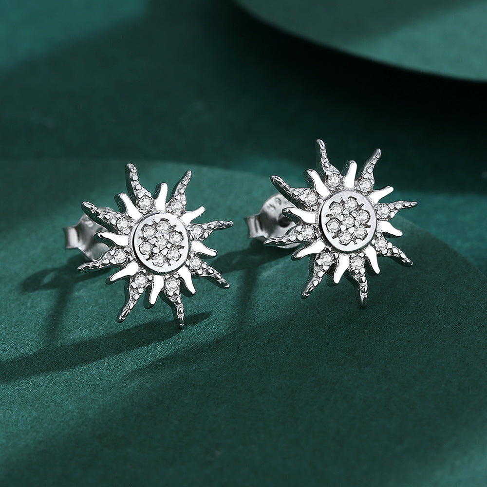 Sterling Silver Celestial Sun Stud Earrings with Cubic Zirconia
