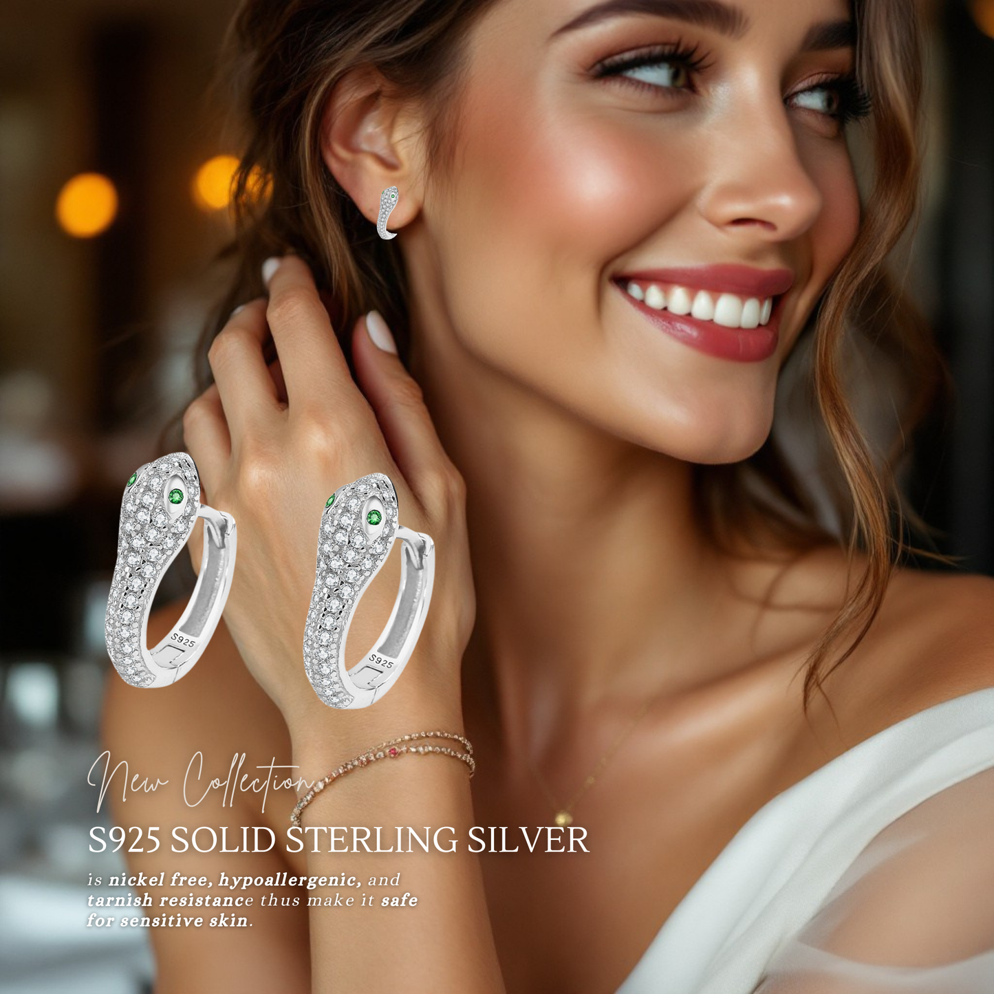 Sterling Silver Snake Huggies Earrings with Cubic Zirconia
