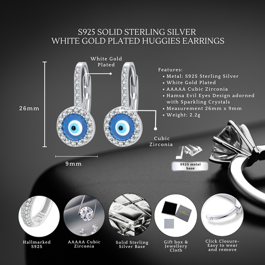 S925 Sterling Silver Hamsa Evil Eyes Huggies Earrings with Cubic Zirconia