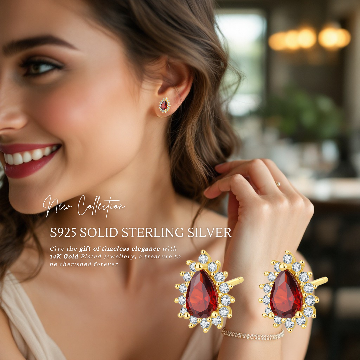 Sterling Silver Teardrop Halo Garnet Stud Earrings 14K Yellow Gold Plated S925 Hallmark