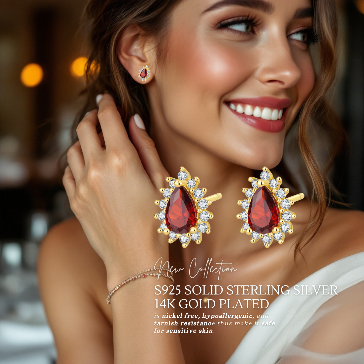 Sterling Silver Teardrop Halo Garnet Stud Earrings 14K Yellow Gold Plated S925 Hallmark