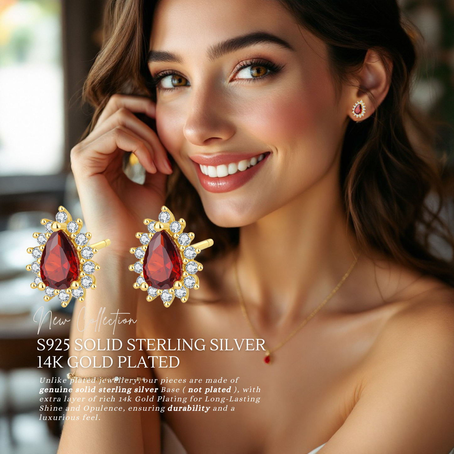 Sterling Silver Teardrop Halo Garnet Stud Earrings 14K Yellow Gold Plated S925 Hallmark