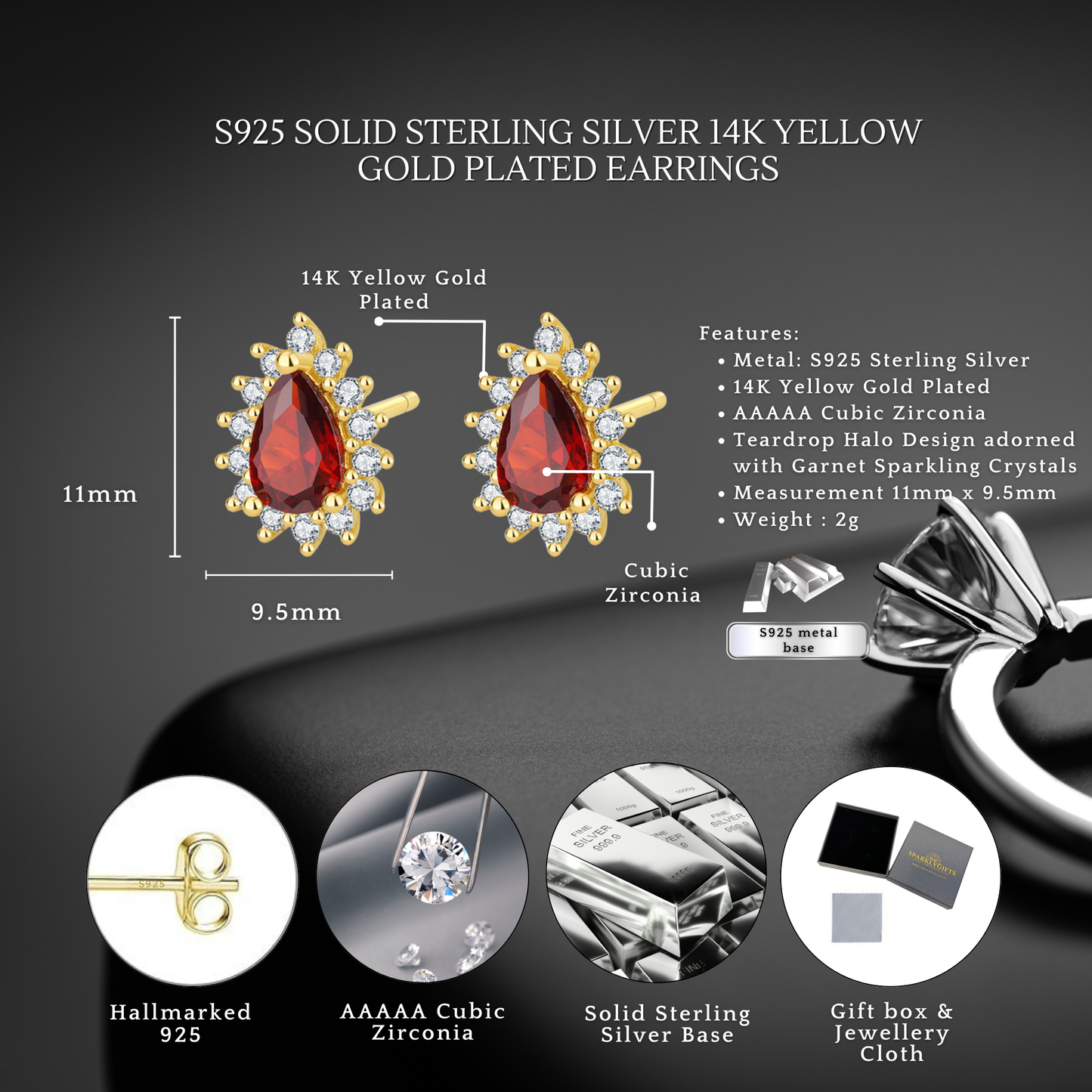 Sterling Silver Teardrop Halo Garnet Stud Earrings 14K Yellow Gold Plated S925 Hallmark
