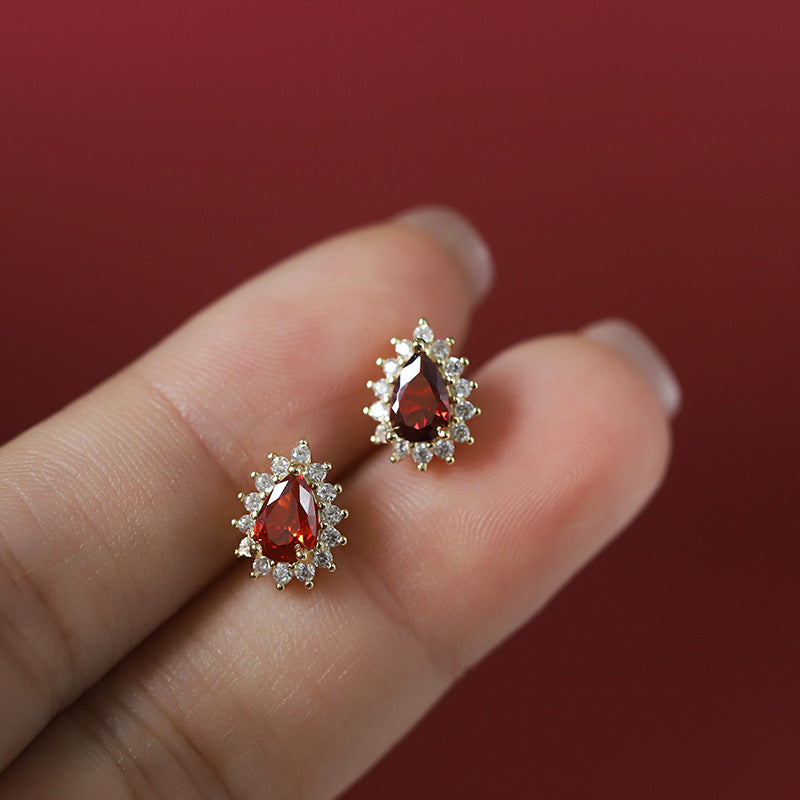 Sterling Silver Teardrop Halo Garnet Stud Earrings 14K Yellow Gold Plated S925 Hallmark