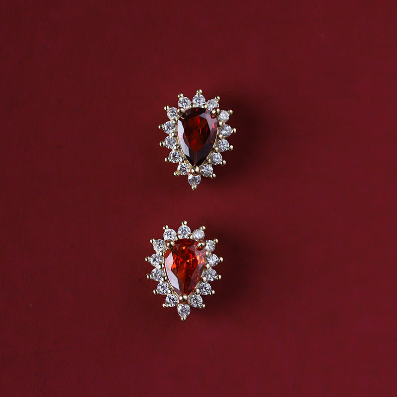 Sterling Silver Teardrop Halo Garnet Stud Earrings 14K Yellow Gold Plated S925 Hallmark