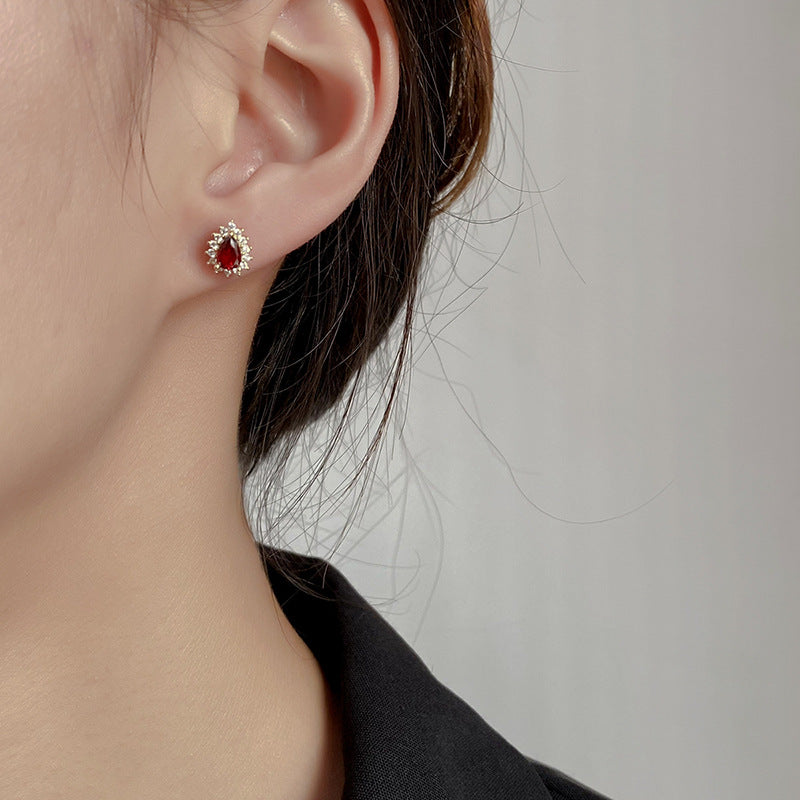 Sterling Silver Teardrop Halo Garnet Stud Earrings 14K Yellow Gold Plated S925 Hallmark