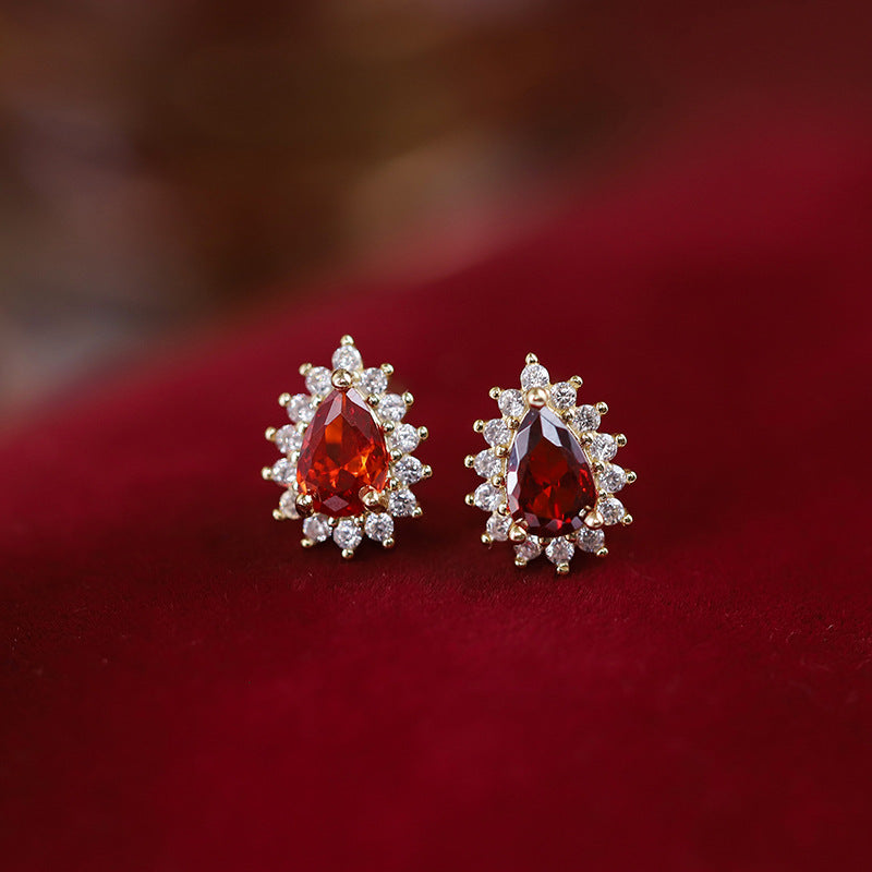 Sterling Silver Teardrop Halo Garnet Stud Earrings 14K Yellow Gold Plated S925 Hallmark