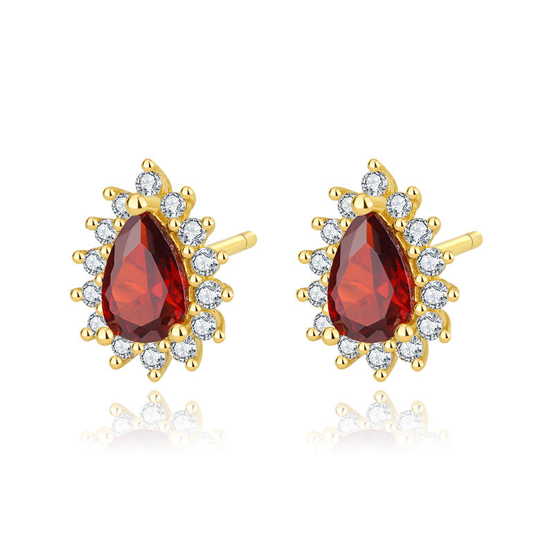 Sterling Silver Teardrop Halo Garnet Stud Earrings 14K Yellow Gold Plated S925 Hallmark