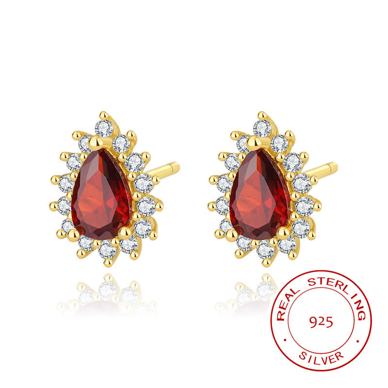 Sterling Silver Teardrop Halo Garnet Stud Earrings 14K Yellow Gold Plated S925 Hallmark