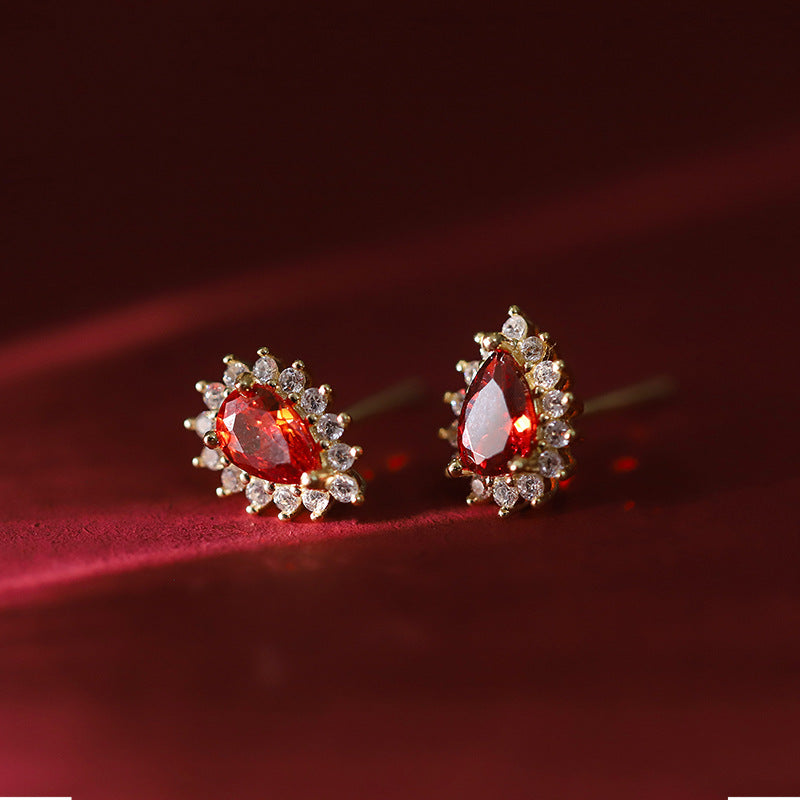 Sterling Silver Teardrop Halo Garnet Stud Earrings 14K Yellow Gold Plated S925 Hallmark
