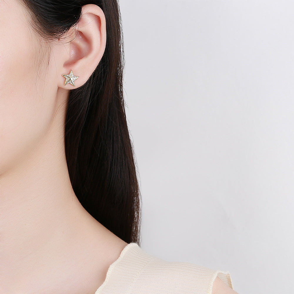 Sterling Silver Starfish Stud Earrings with C/Z 14K Yellow Gold Plated Earrings