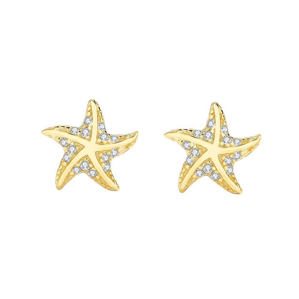 Sterling Silver Starfish Stud Earrings with C/Z 14K Yellow Gold Plated Earrings